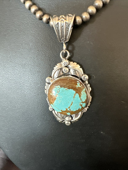Mens Blue Turquoise#8 Pendant Navajo Sterling Silver Necklace 18071