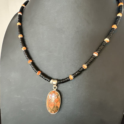 Orange Spiny Black Onyx Navajo Sterling Silver Pendant Necklace 20” 19638