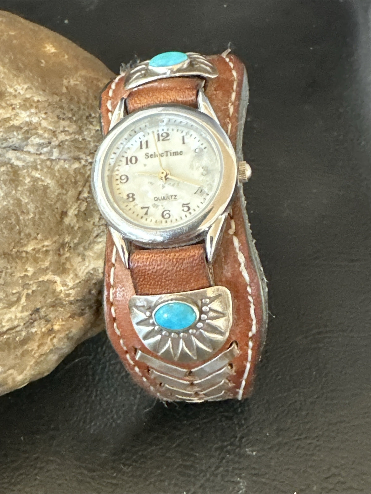Womens Blue Turquoise Navajo Sterling Silver Cuff Watch Leather Bracelet 17736