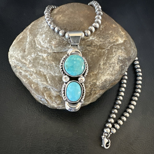 Blue Turquoise 2 Stone Navajo Cluster Pendant | Sterling Silver | Authentic Native American Handmade | 18192
