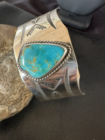 H Joe Blue Kingman Turquoise Navajo Sterling Silver Cuff Bracelet 8.2" 19422