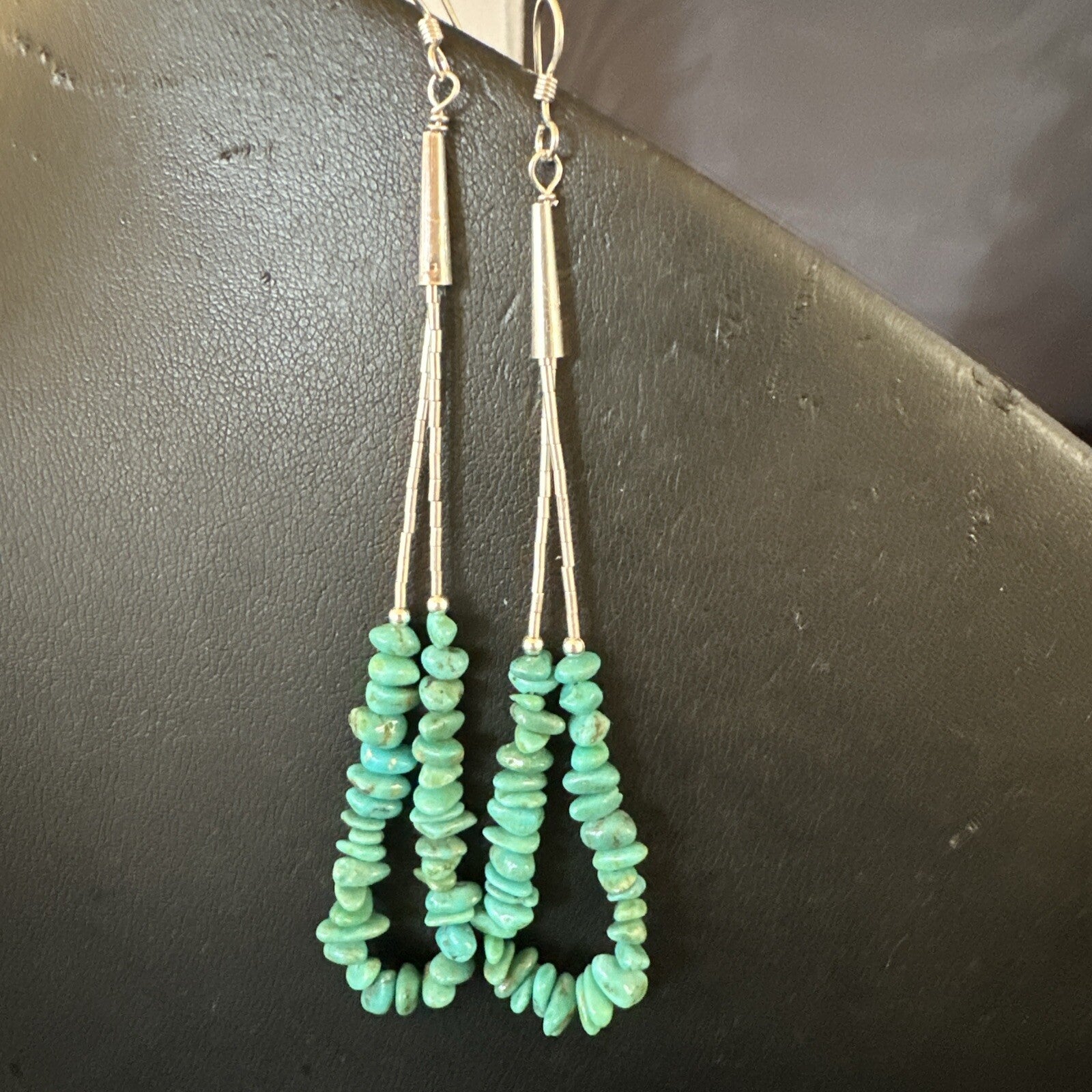 Long Blue Turquoise Nugget Bead Sterling Silver Beads Navajo Earrings 3” 18096