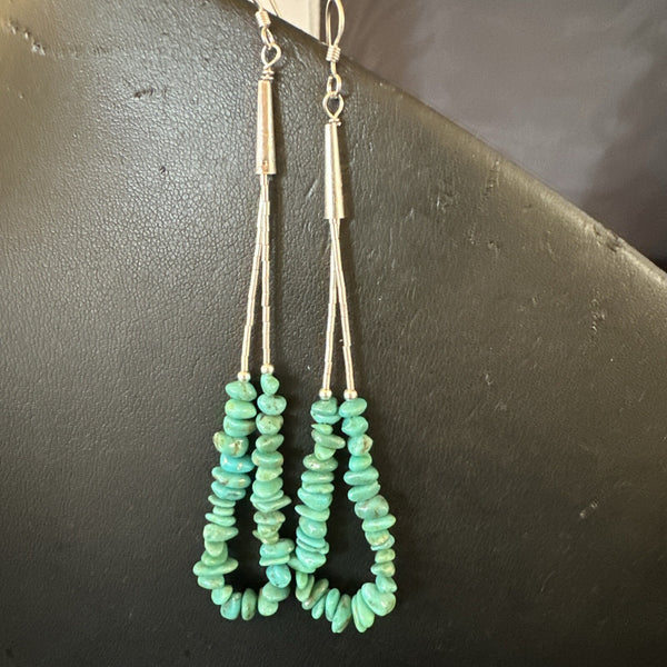 Long Blue Turquoise Nugget Bead Beads Navajo Earrings 3" | Sterling Silver | Authentic Native American Handmade | 18096
