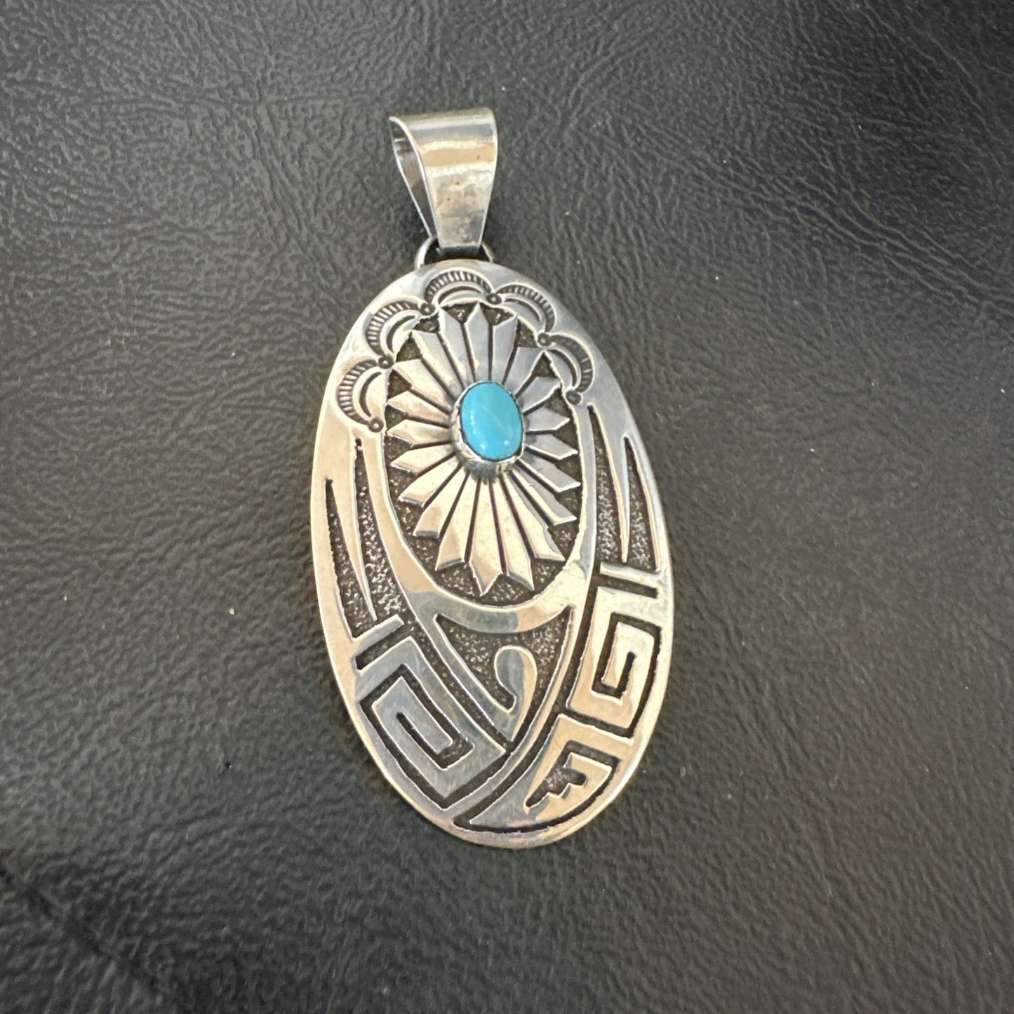Hopi Native American Turquoise Pendant  Stamped Sterling Silver 2.5” 19686
