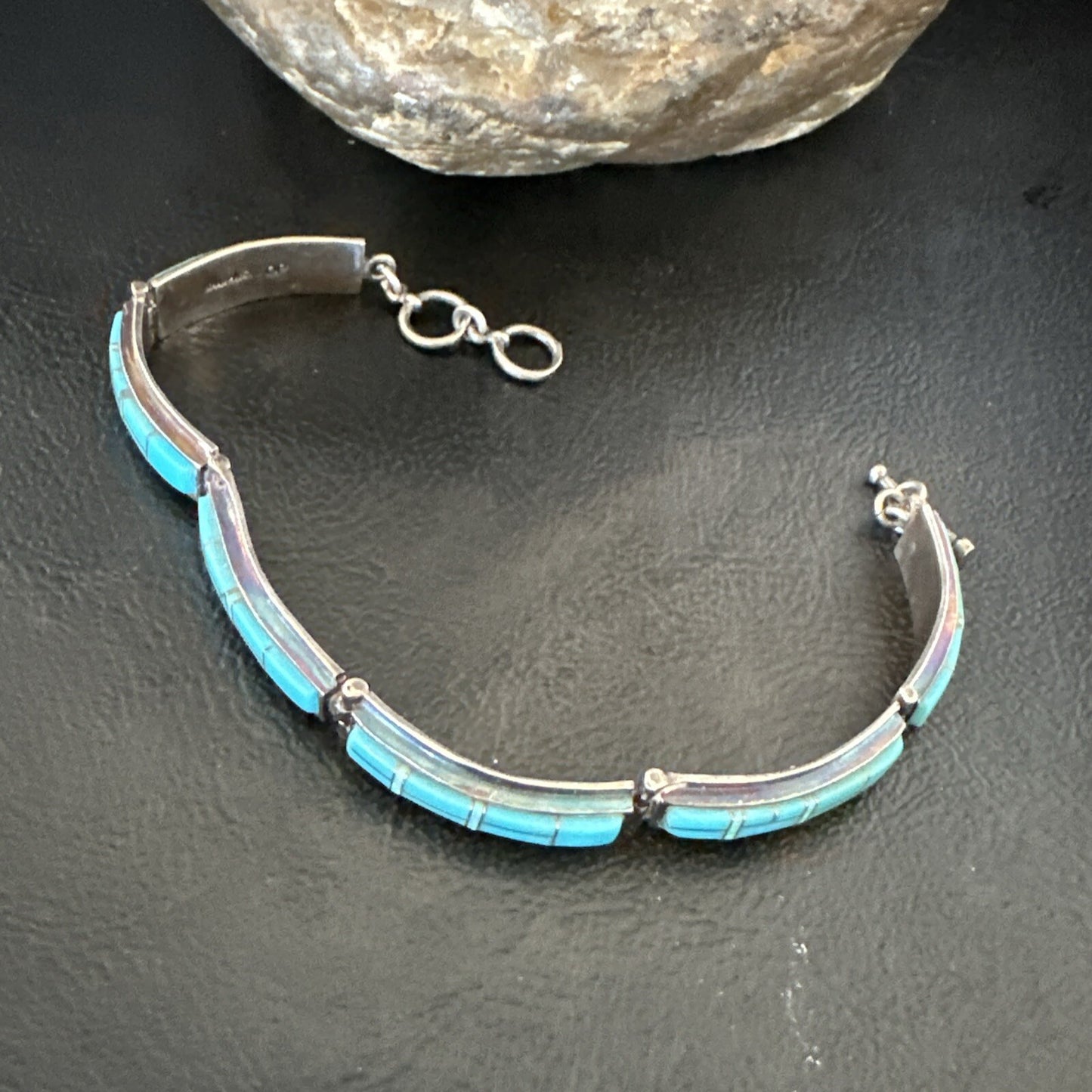 Opal Blue Turquoise Navajo Old Pawn Sterling Silver Inlay Bracelet 7.5" 18126