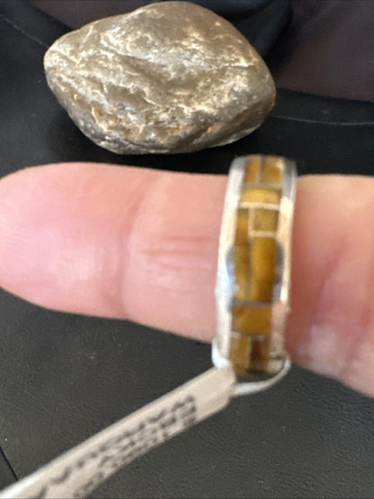 Women Coffee Tigers Eye Navajo Sterling Silver Inlay Ring Size 6.5 18703