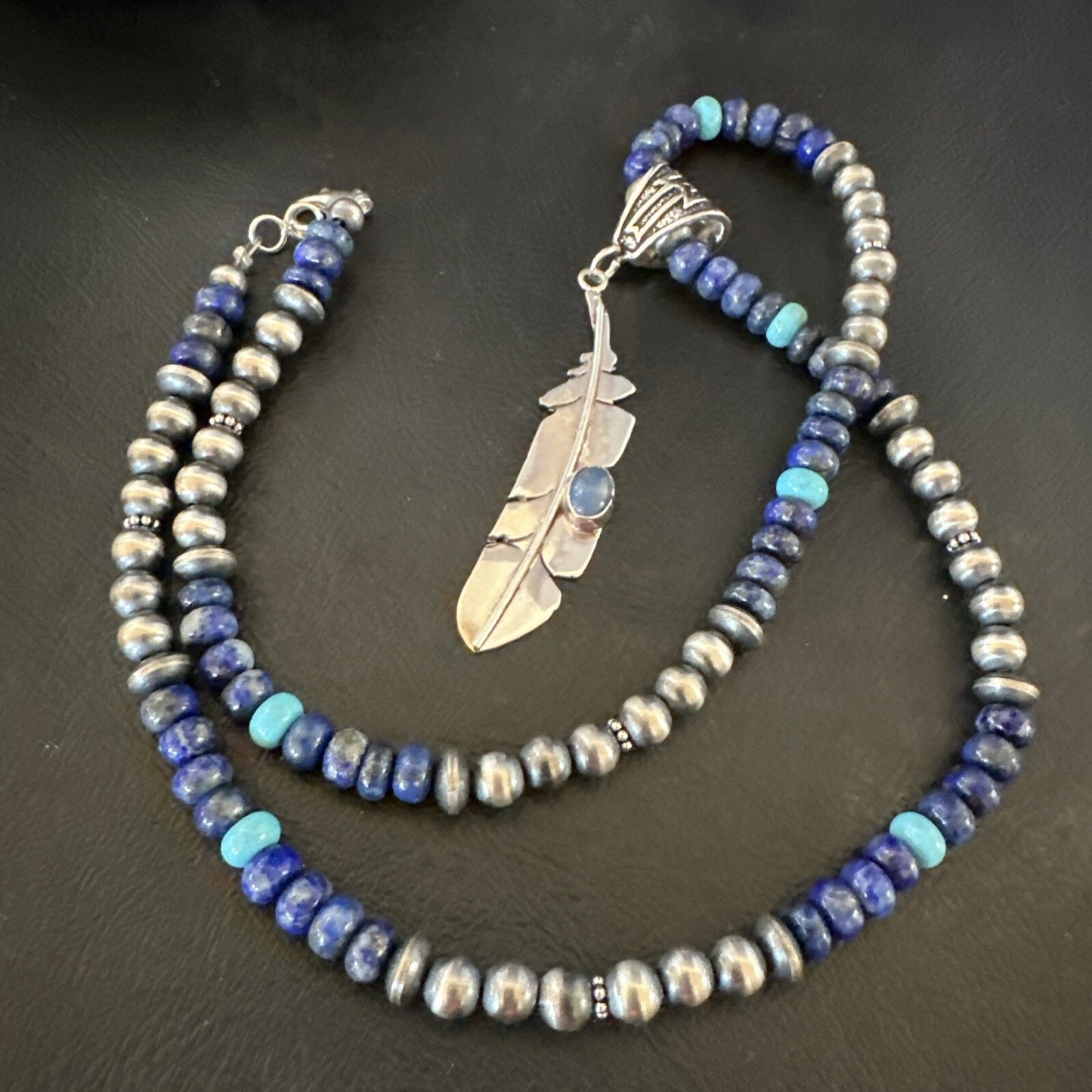 Blue Turquoise Lapis Feather Pendant Navajo Sterling Silver Necklace 21” 17790