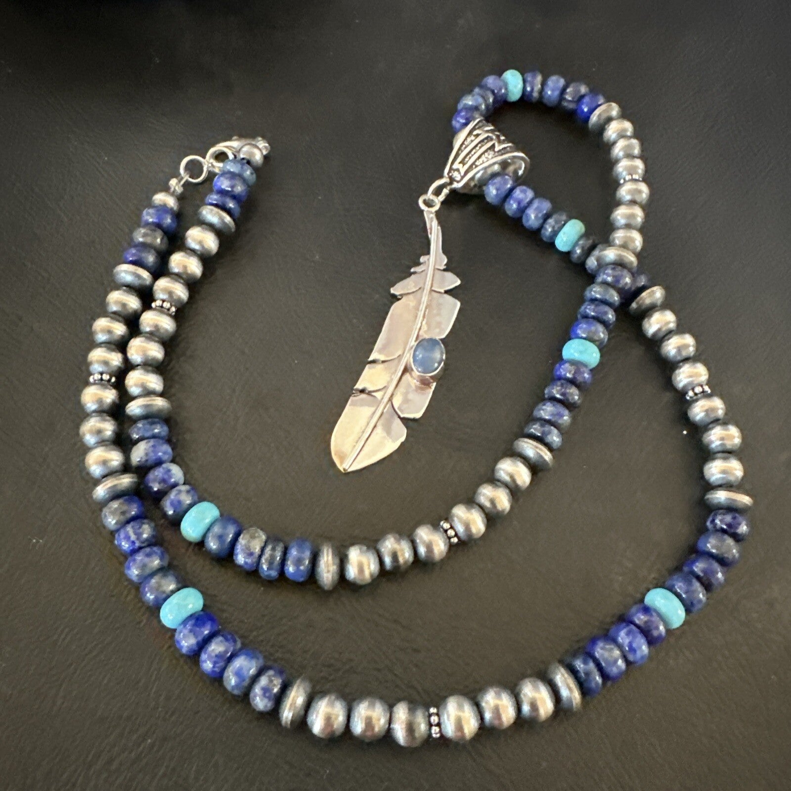 Blue Turquoise Lapis Feather Pendant Navajo Sterling Silver Necklace 21” 17790