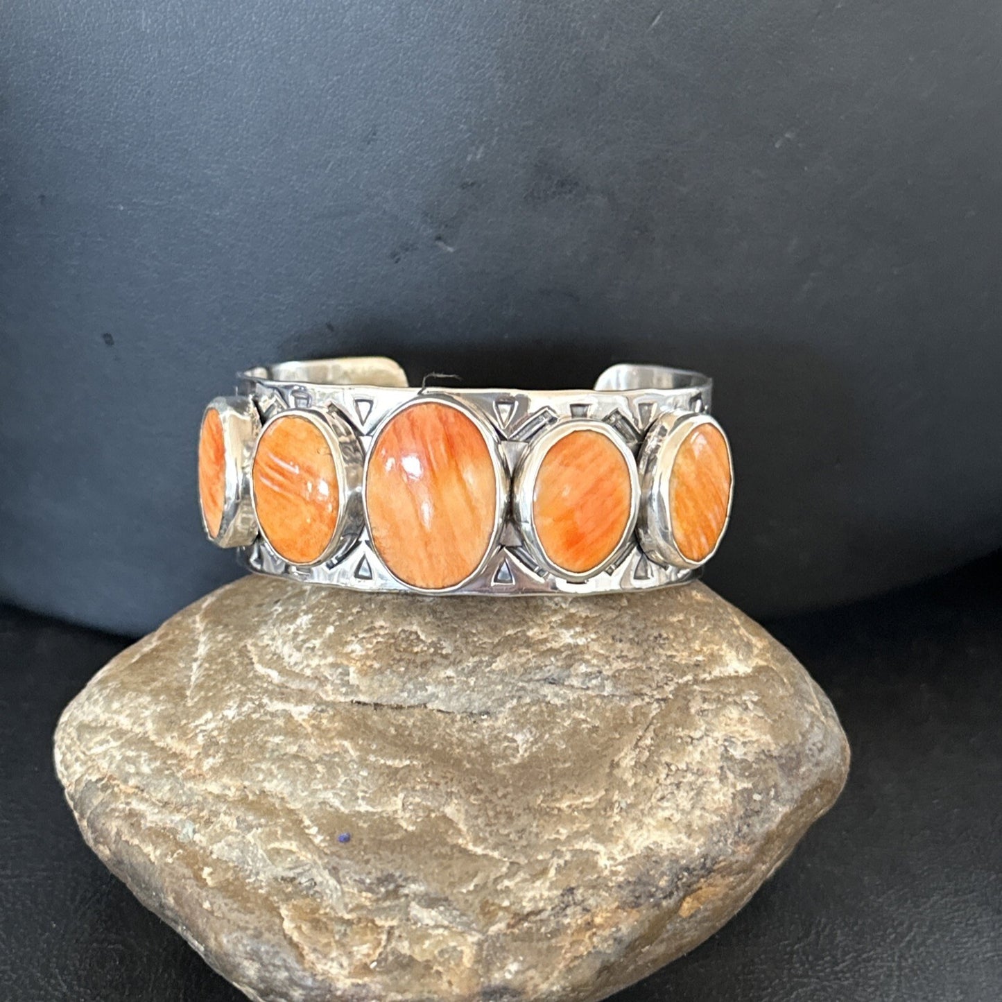 Stamped Orange Spiny Oyster Navajo Sterling Silver 5 Stone Cuff Bracelet 17941