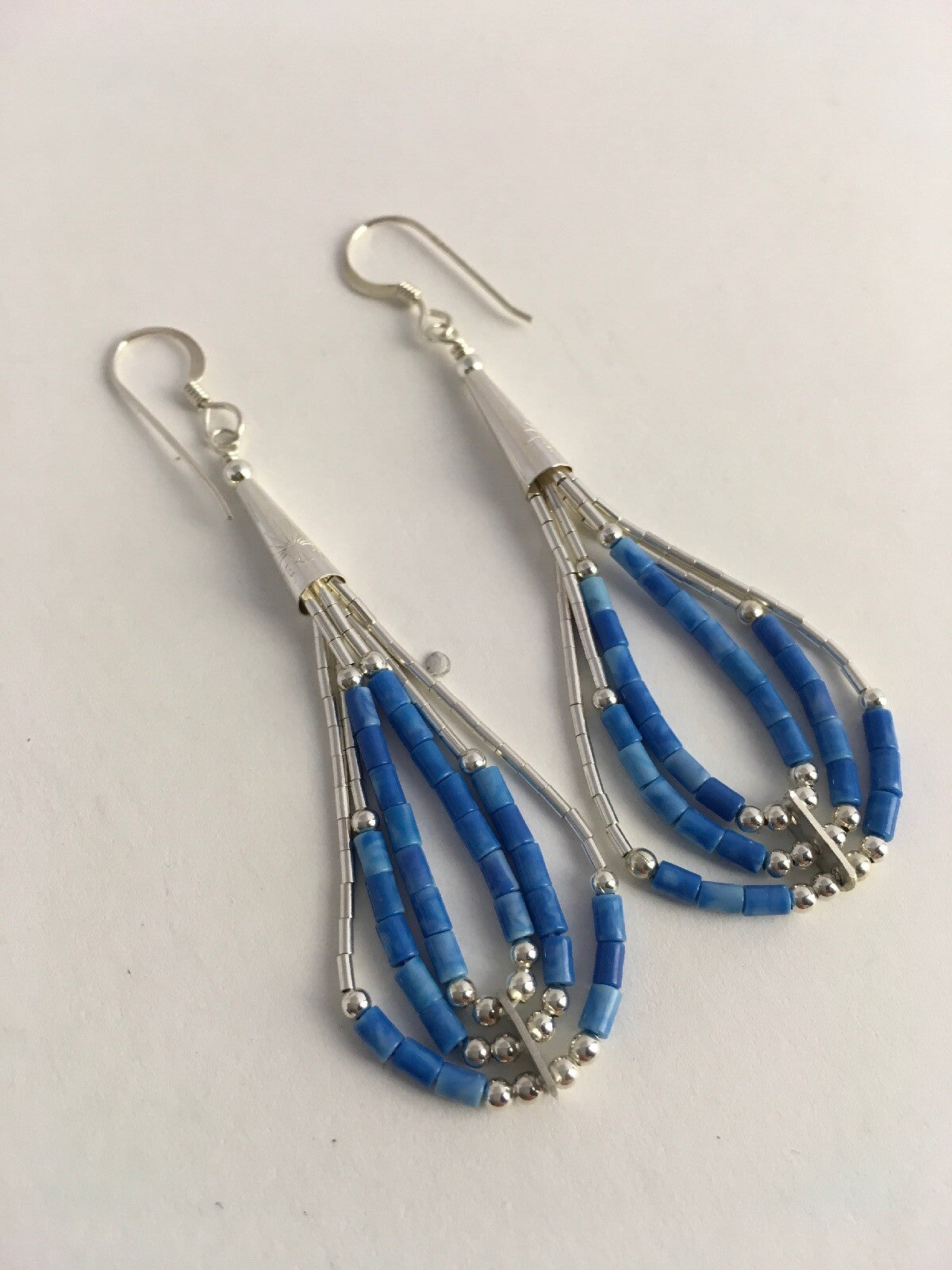 Blue Turquoise Heishi Tube Liquid Sterling Silver Dangle Earrings 2” 8873