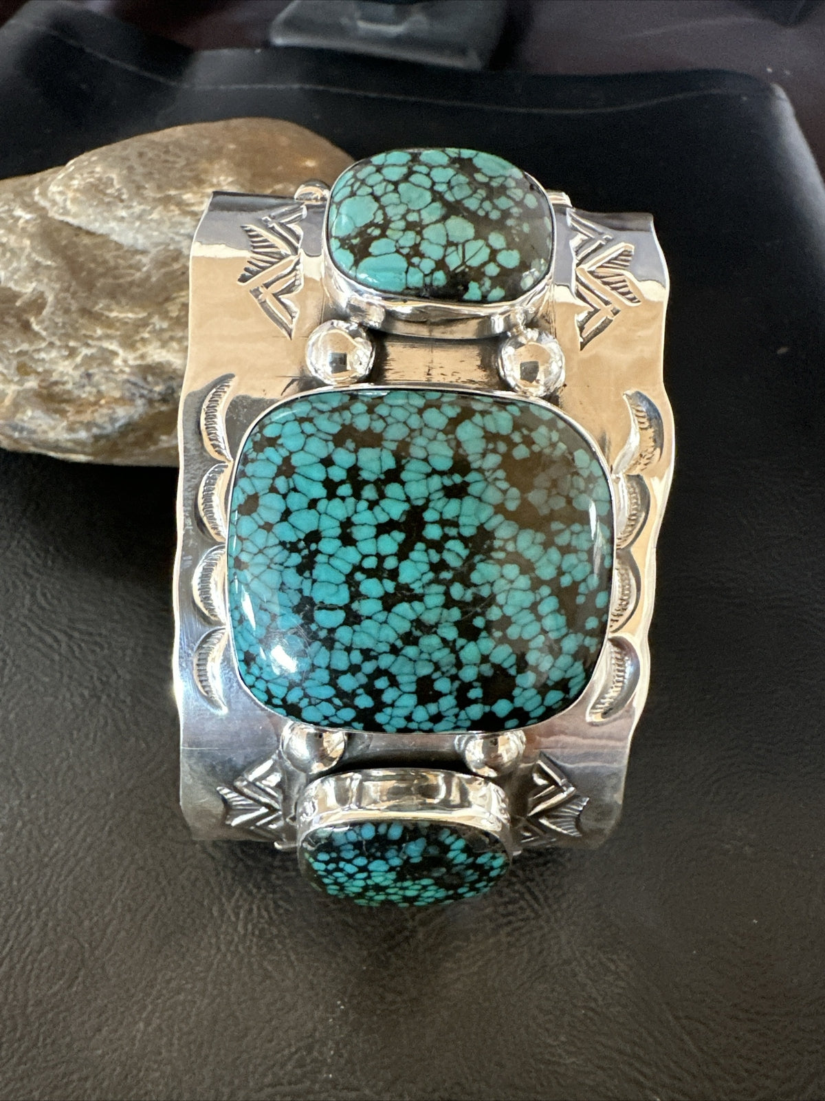 XL Blue Kingman Turquoise 3 Stone Navajo Sterling Silver Cuff Bracelet 18022
