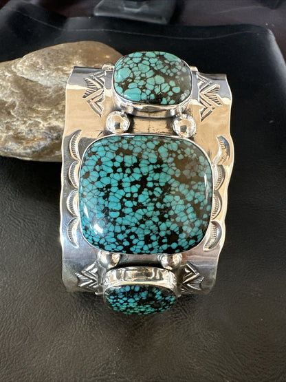 XL Blue Kingman Turquoise 3 Stone Navajo Sterling Silver Cuff Bracelet 18022