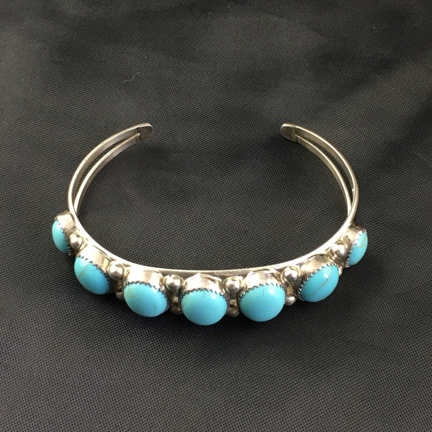 Native Mens Navajo Sterling Silver Kingman Turquoise Bracelet 7 Stone 10244