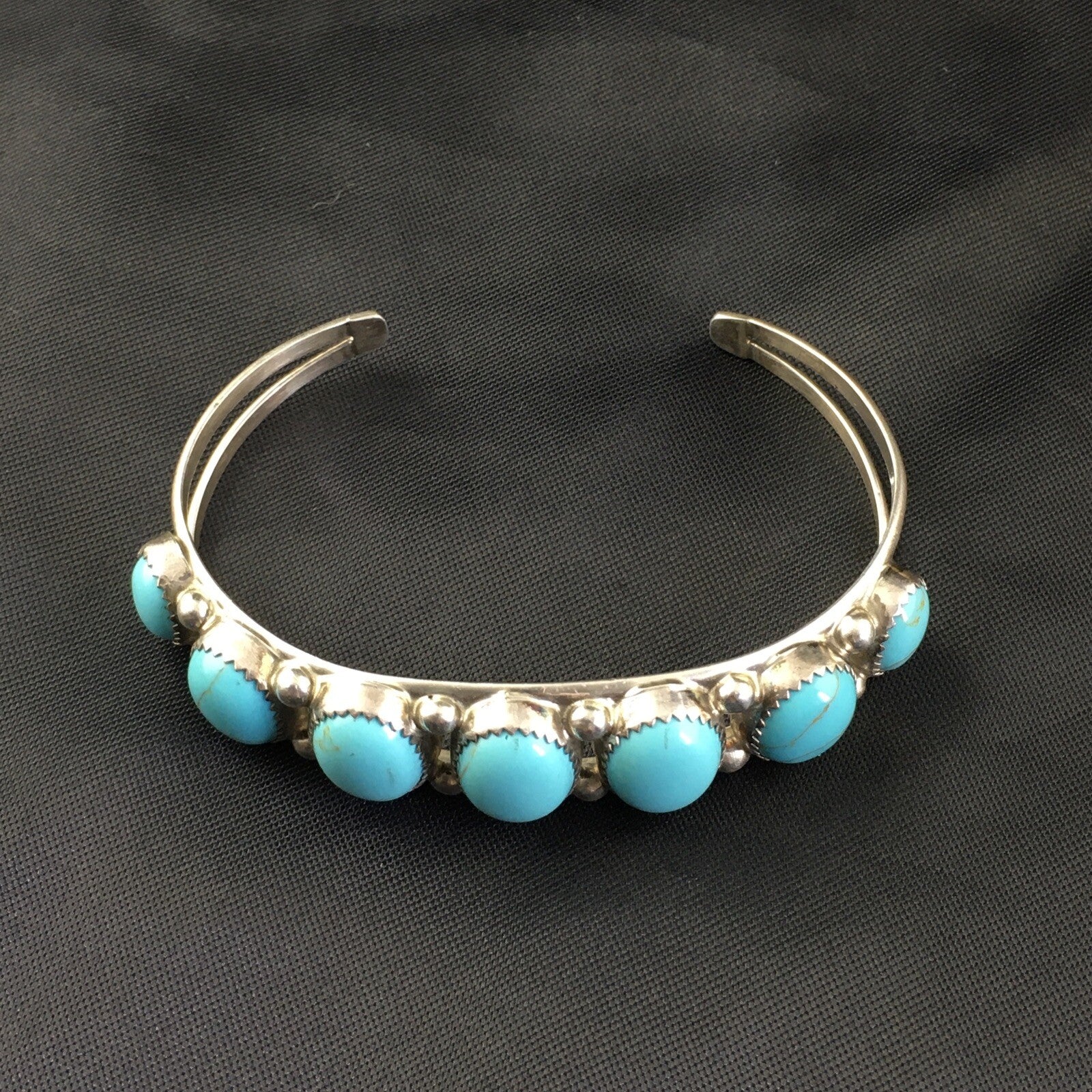 Native Mens Navajo Sterling Silver Kingman Turquoise Bracelet 7 Stone 10244