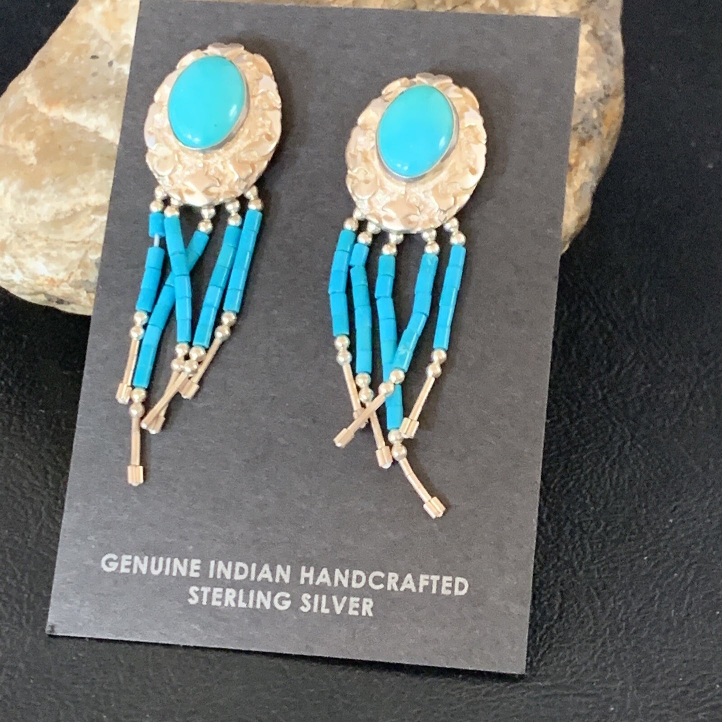 Native Womens Nugget Sterling Silver Blue Turquoise Dangle Earrings 2" 13013