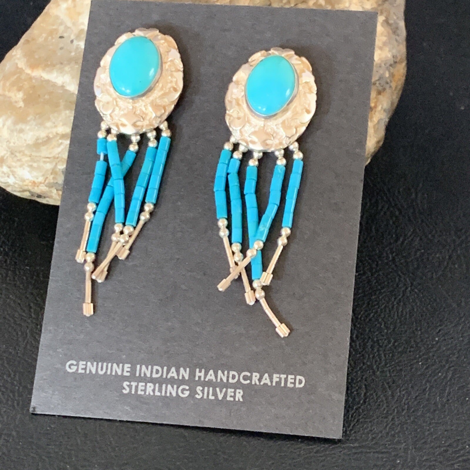 Native Womens Nugget Sterling Silver Blue Turquoise Dangle Earrings 2" 13013