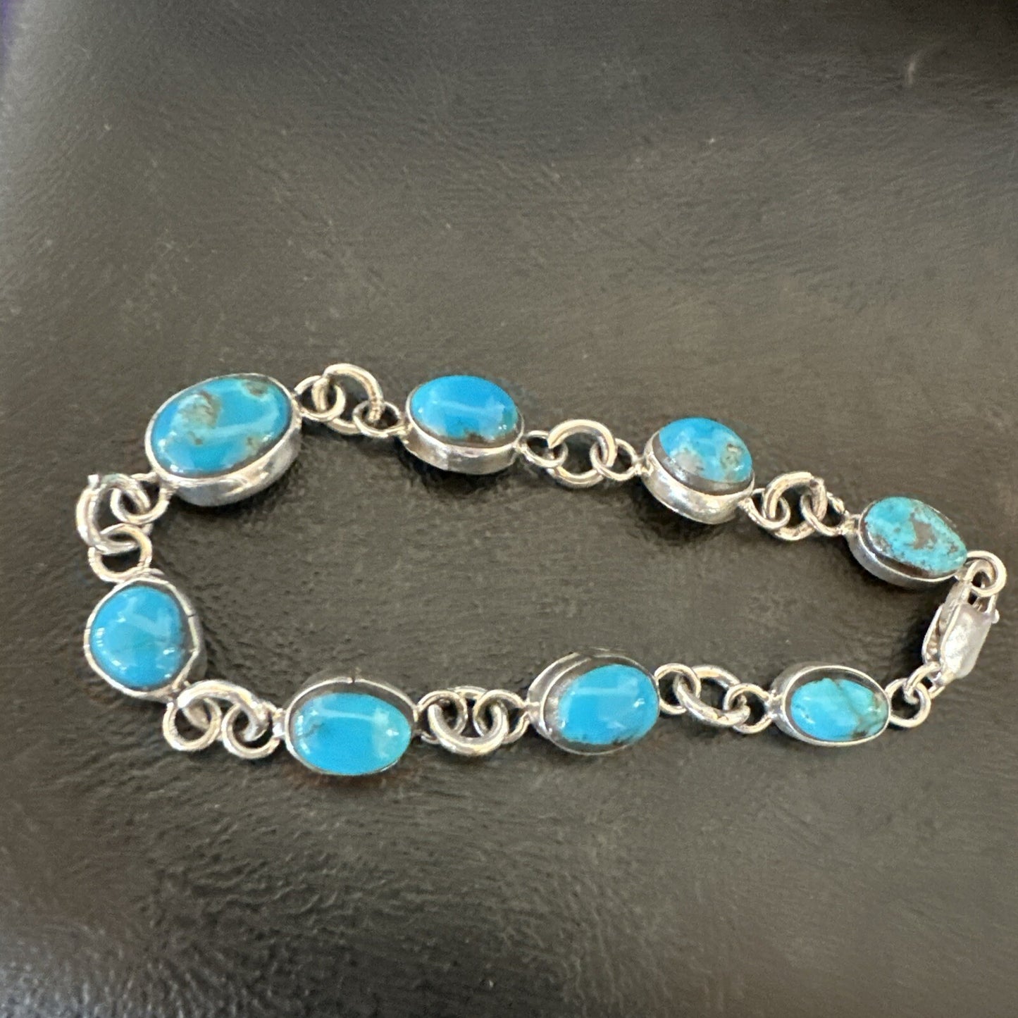 Blue Kingman Turquoise Navajo Sterling Silver Link Bracelet 8” 18301