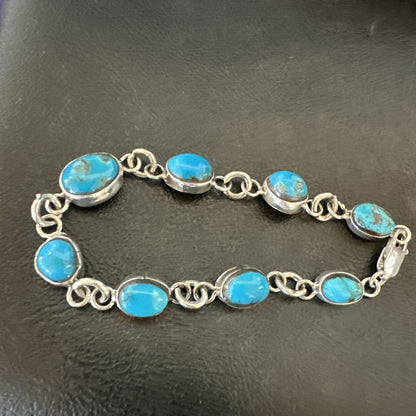 Blue Kingman Turquoise Navajo Sterling Silver Link Bracelet 8” 18301