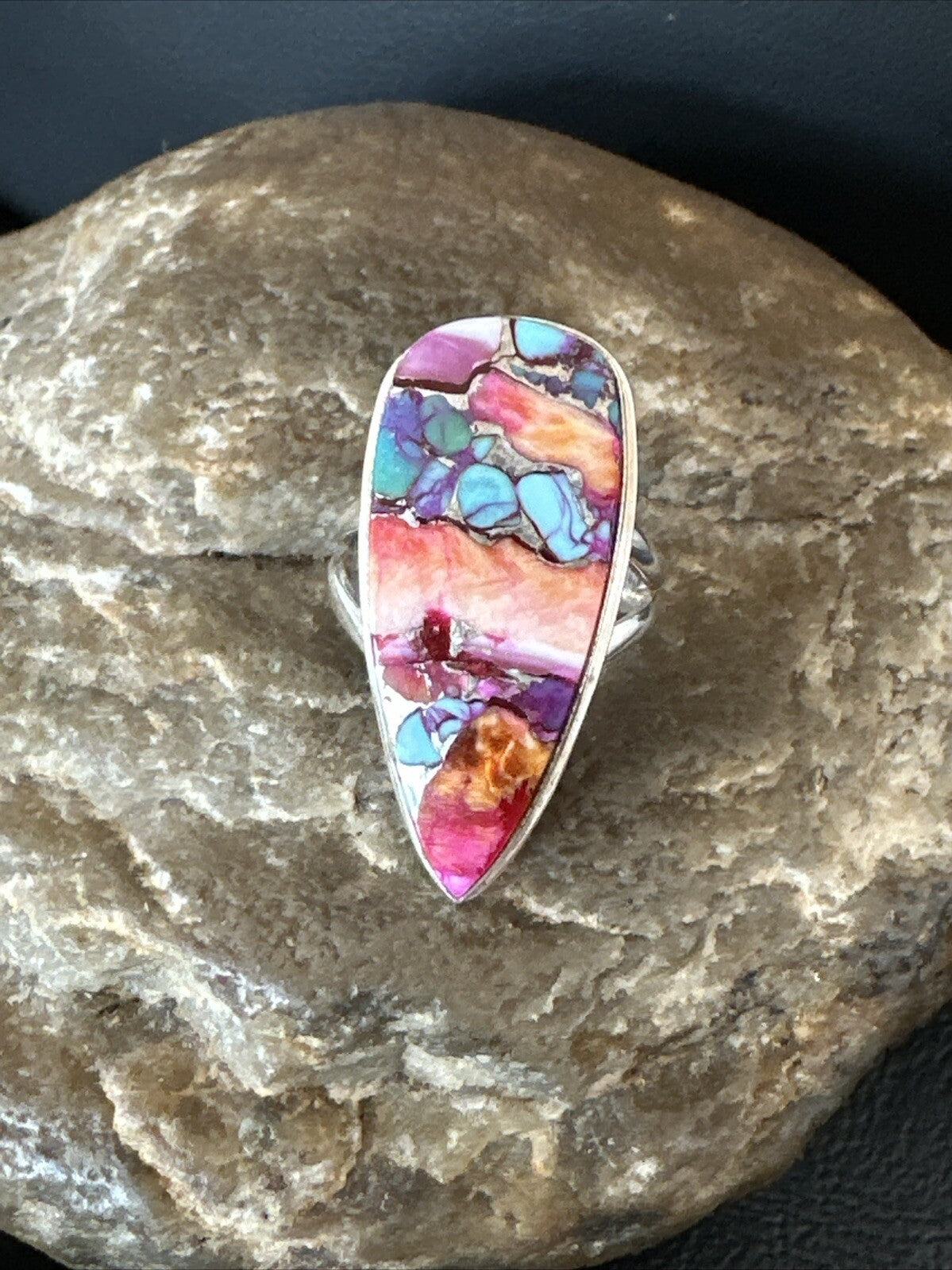 Blue Turquoise Orange Spiny Oyster Navajo Sterling Silver Ring Size 5.5 18210