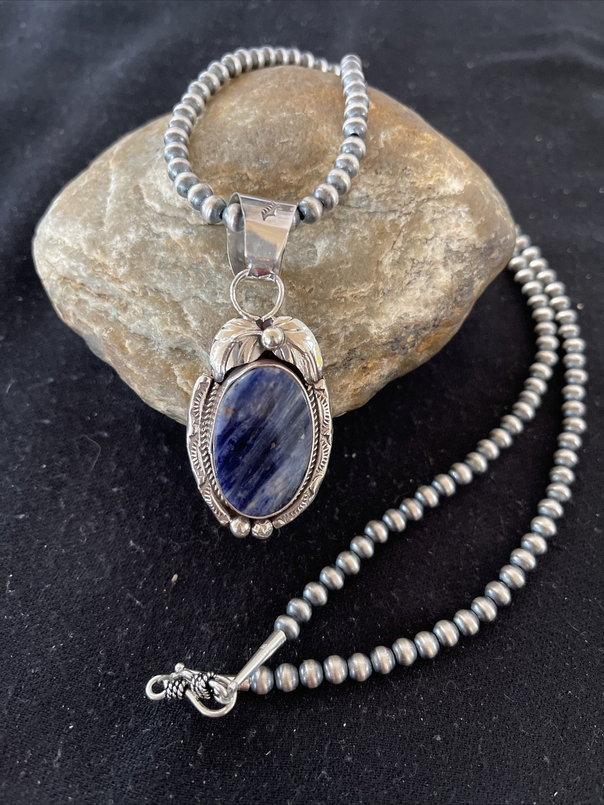Mens Lapis Lazuli Pendant Sterling Silver Beads Necklace 1210
