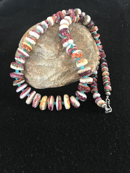 Purple Spiny Oyster & Turquoise Bead Navajo Sterling Silver Necklace 08439