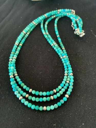 Navajo Blue Turquoise 4mm Bead 3 Strand Necklace Sterling Silver 4827