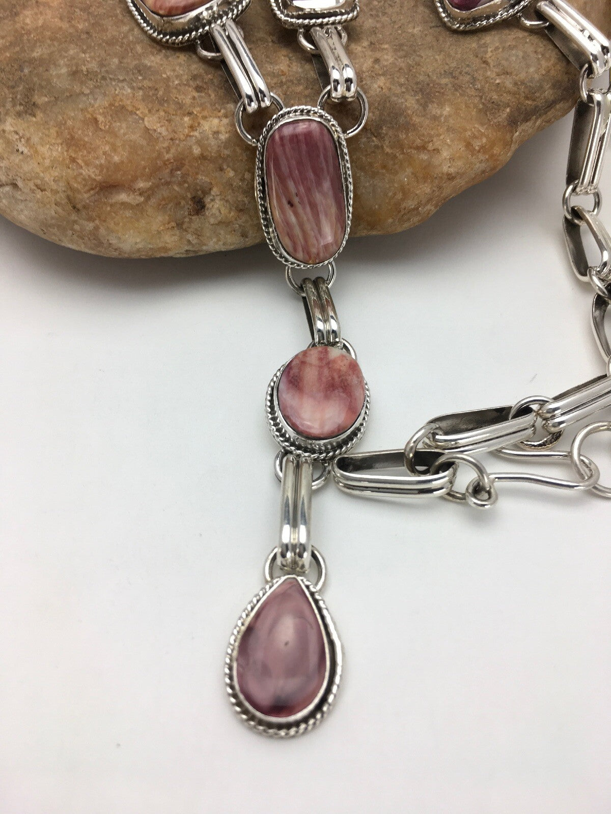 Native LARIAT Purple Spiny Oyster Necklace Navajo Sterling Silver 02793