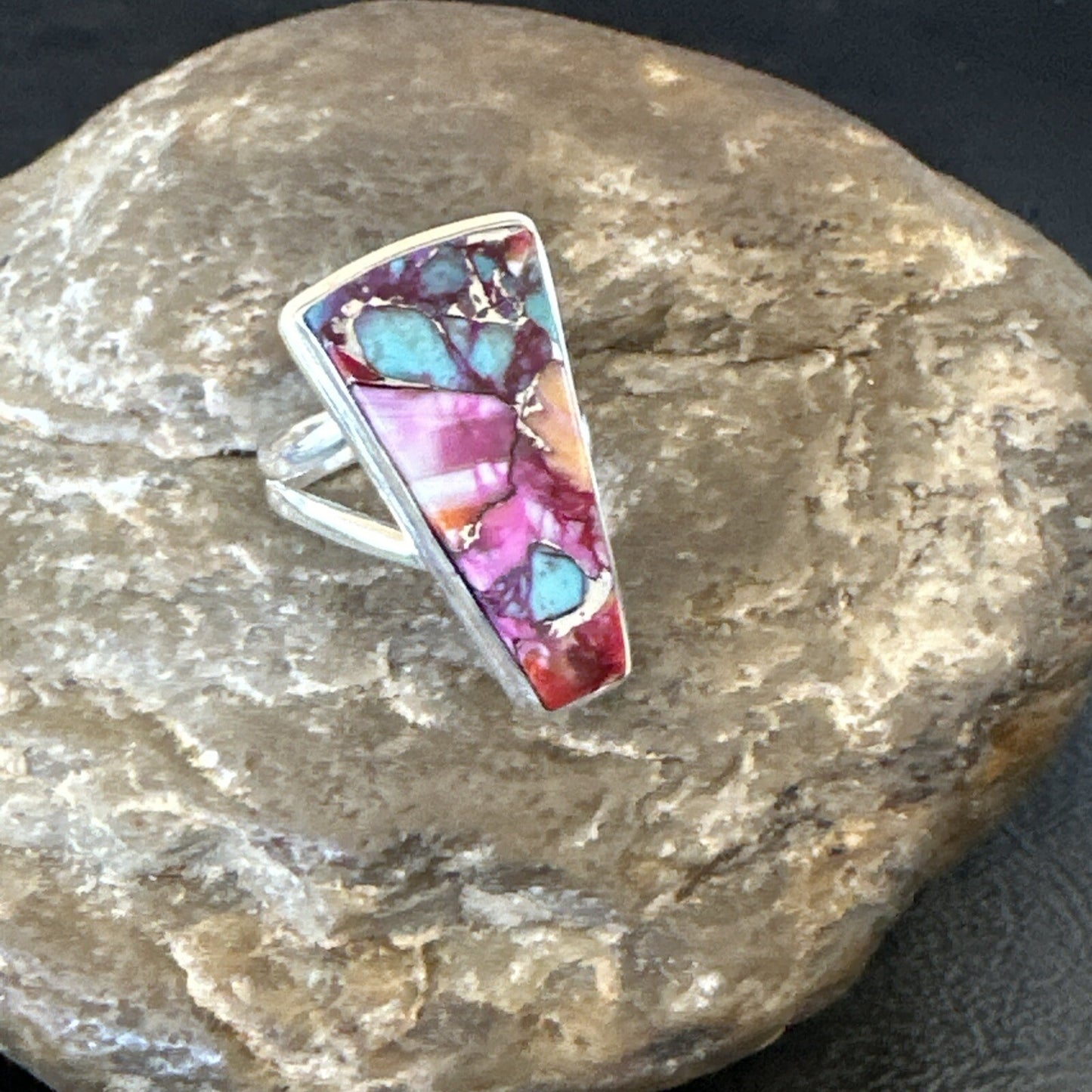 Blue Turquoise Spiny Oyster Southwestern Sterling Silver Ring Size 6 18473