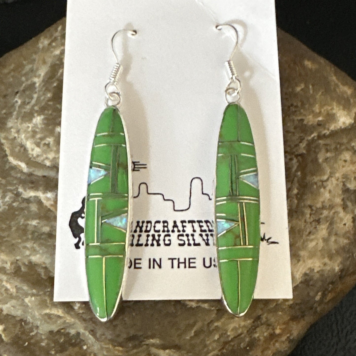 Green Gaspiete Southwestern Sterling Silver Inlay Earrings 1.5” 14933