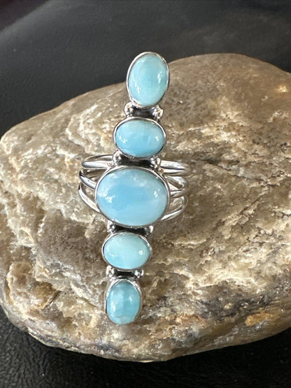 WoMens Cluster Blue Larimar Navajo Sterling Silver Ring Size 8.5 17677