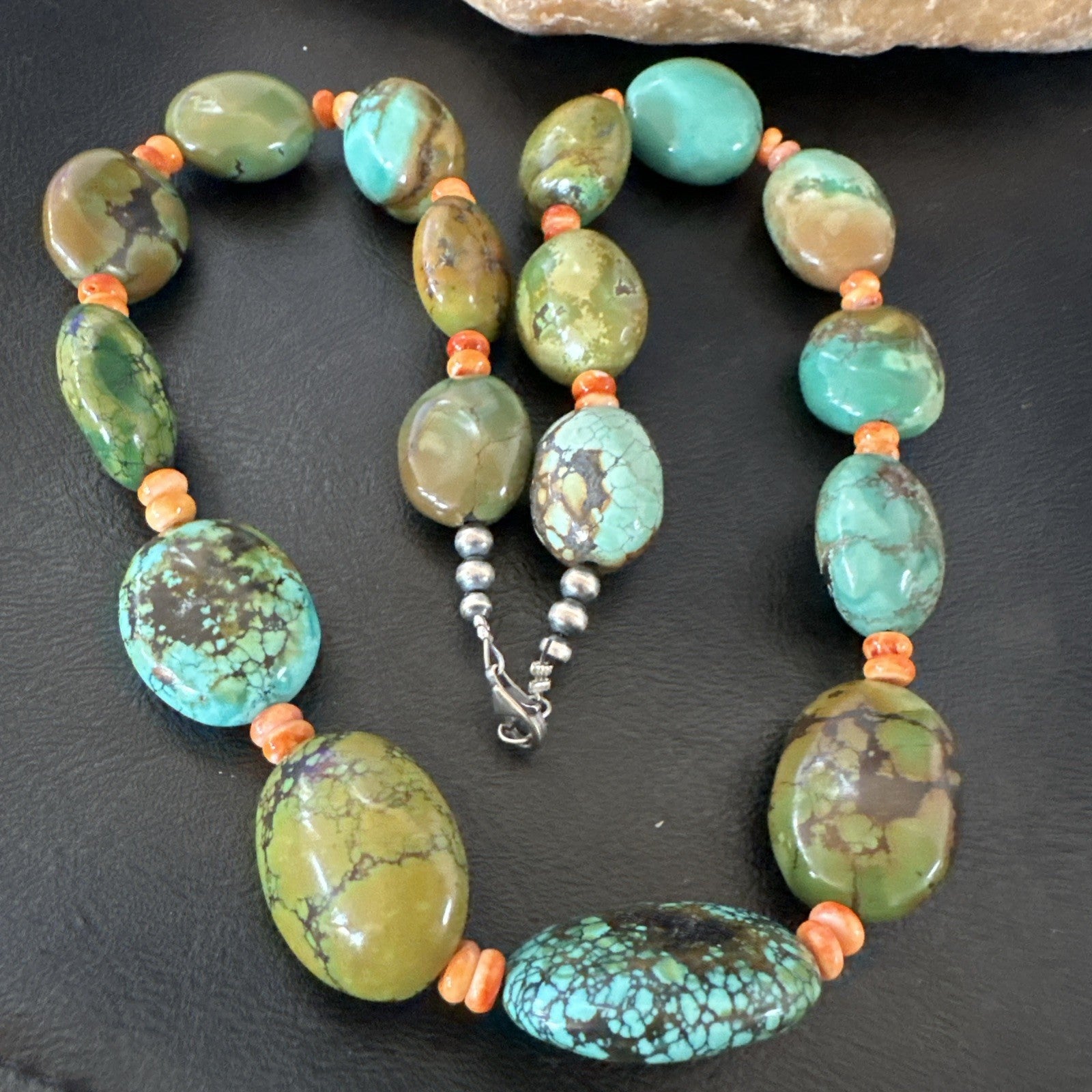 Blue Green Turquoise Spiny Chunky Navajo Sterling Silver Necklace 22” 19253