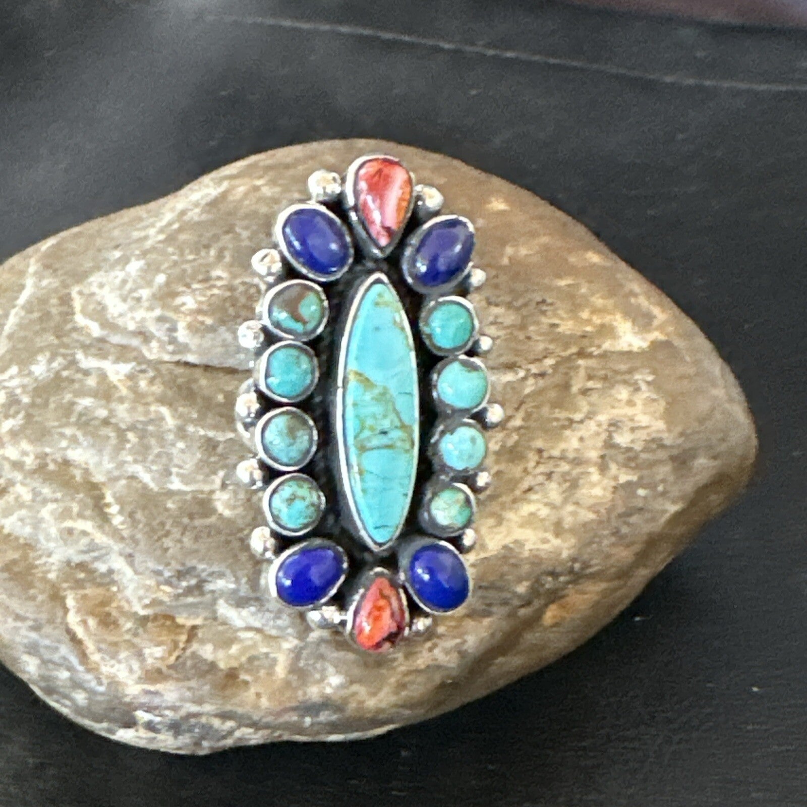 Cluster Blue Turquoise Spiny Oyster Lapis Sterling Silver Ring Size 6.5 18566