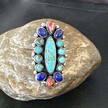 Cluster Blue Turquoise Spiny Oyster Lapis Sterling Silver Ring Size 6.5 18566