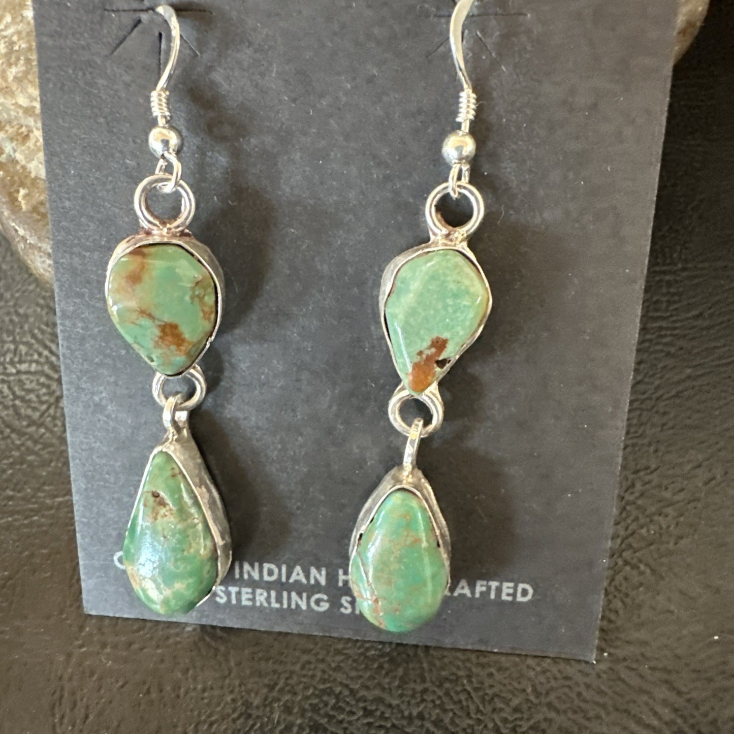 Green Royston Turquoise Navajo Sterling Silver Dangle Earrings 19405