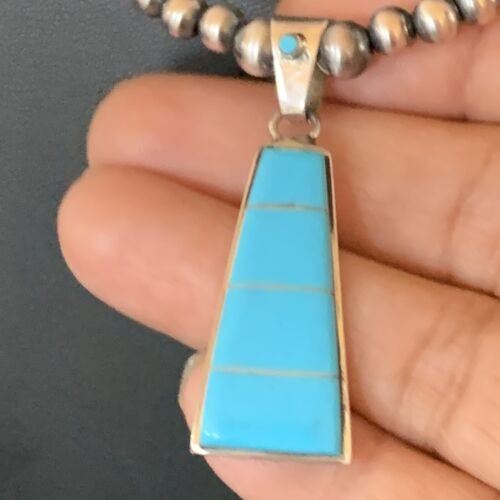 Blue Turquoise Inlay Pendant Navajo Pearls Sterling Silver Necklace 12614
