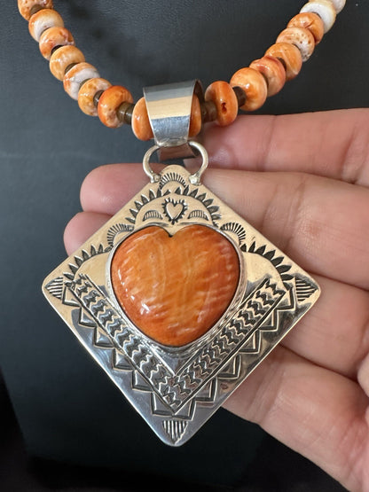H Joe Orange Spiny Oyster Heart Pendant Navajo Sterling Silver Necklace 19480