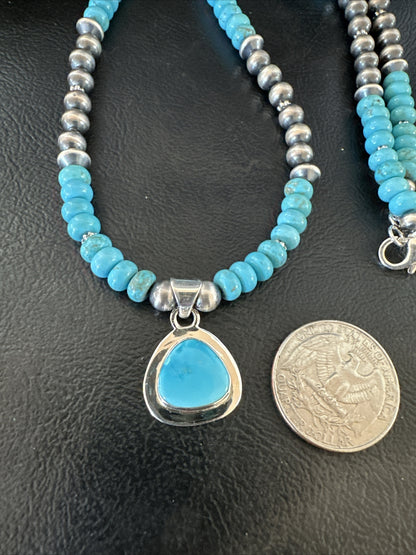 WoMens Blue Kingman Turquoise Pendant Navajo Sterling Silver Necklace 21" 17959