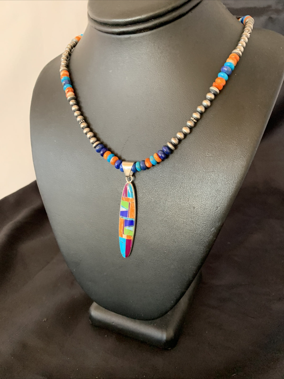 Spiny Oyster & Turquoise Pendant Sterling Silver Beads Necklace 21" 11361