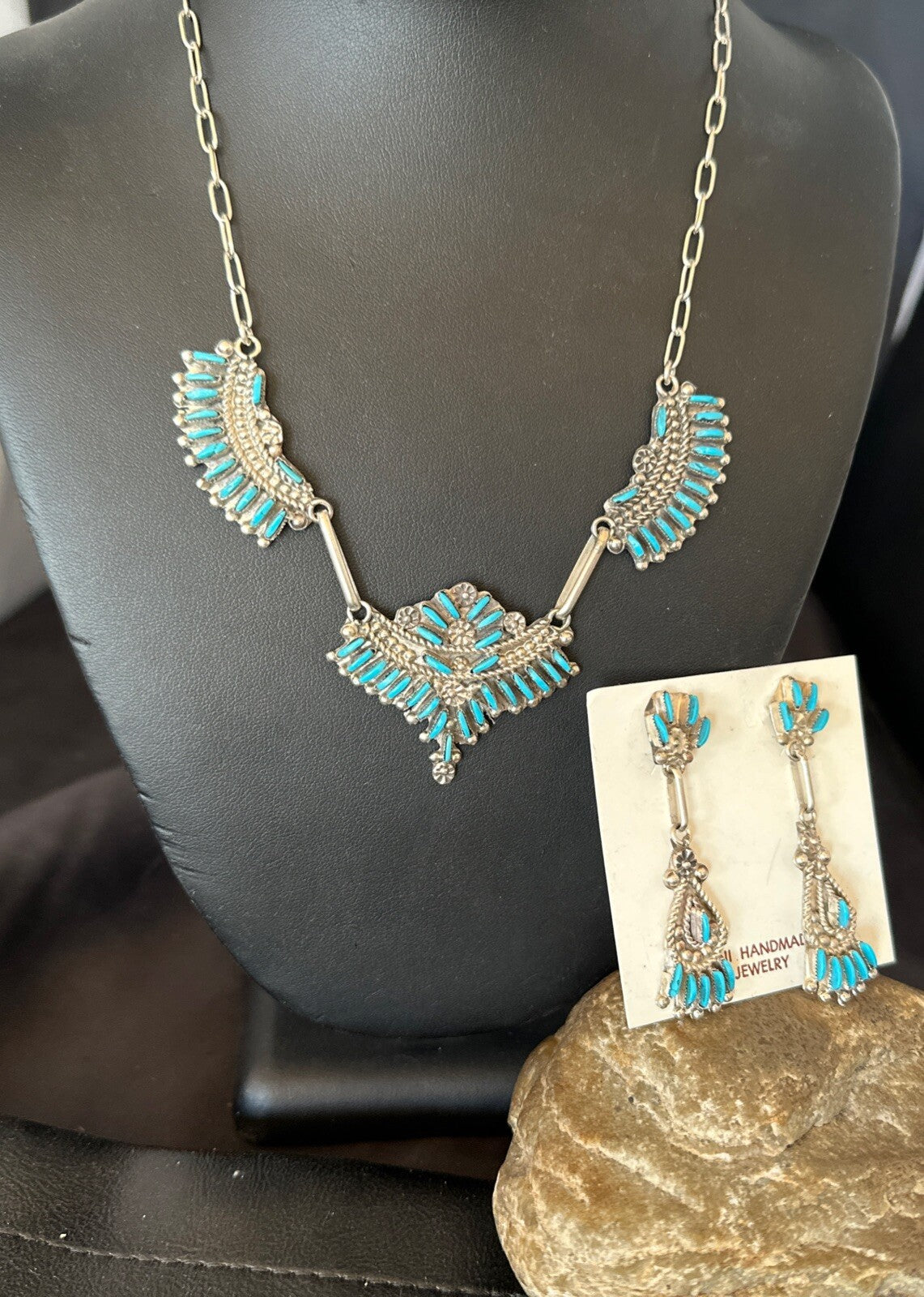 ZUNI Blue Turquoise Sterling Silver Beads Needlepoint Necklace Earrings 18595