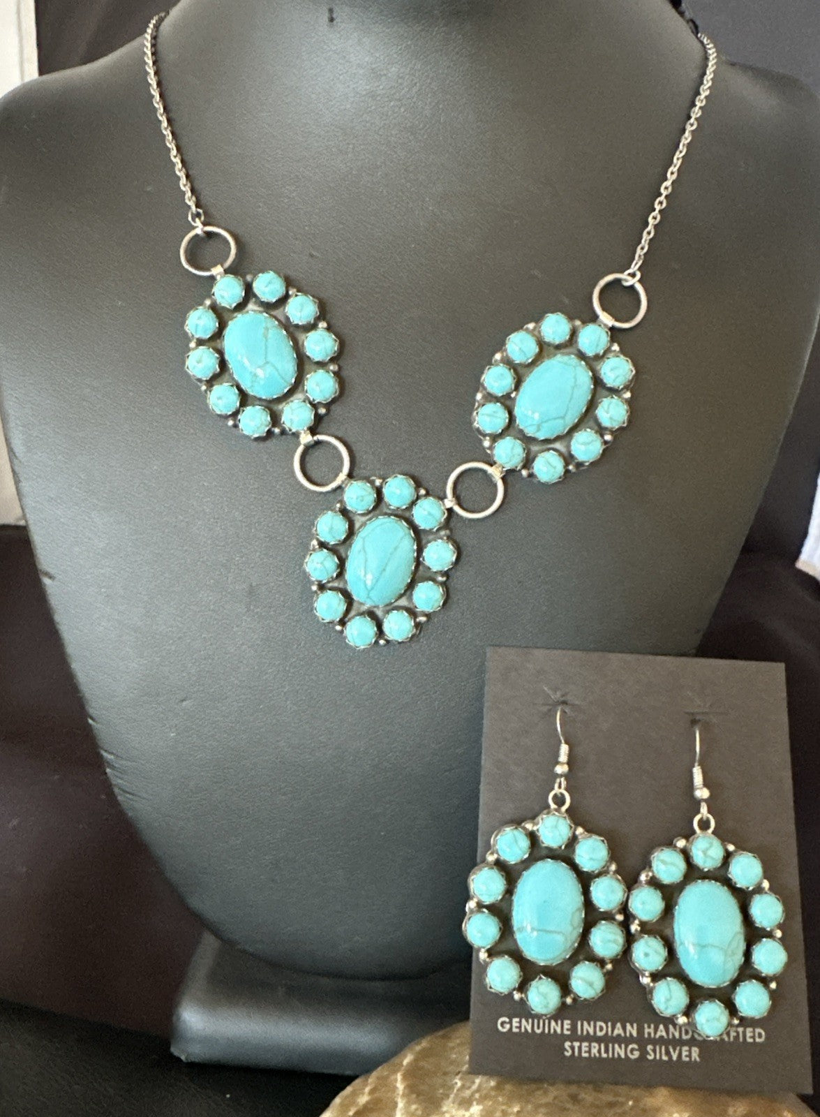 Cluster Lariat Blue Kingman Turquoise Earrings Necklace Pendant Navajo 23" 19112