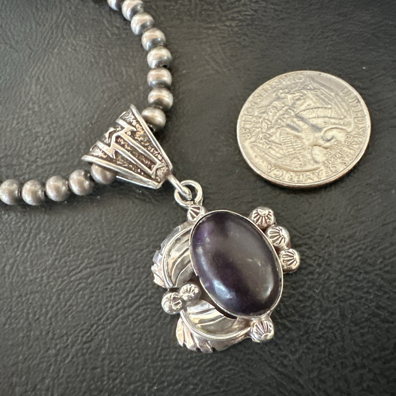Purple Stone Pendant Navajo Pearls Sterling Silver Necklace 20” 18046