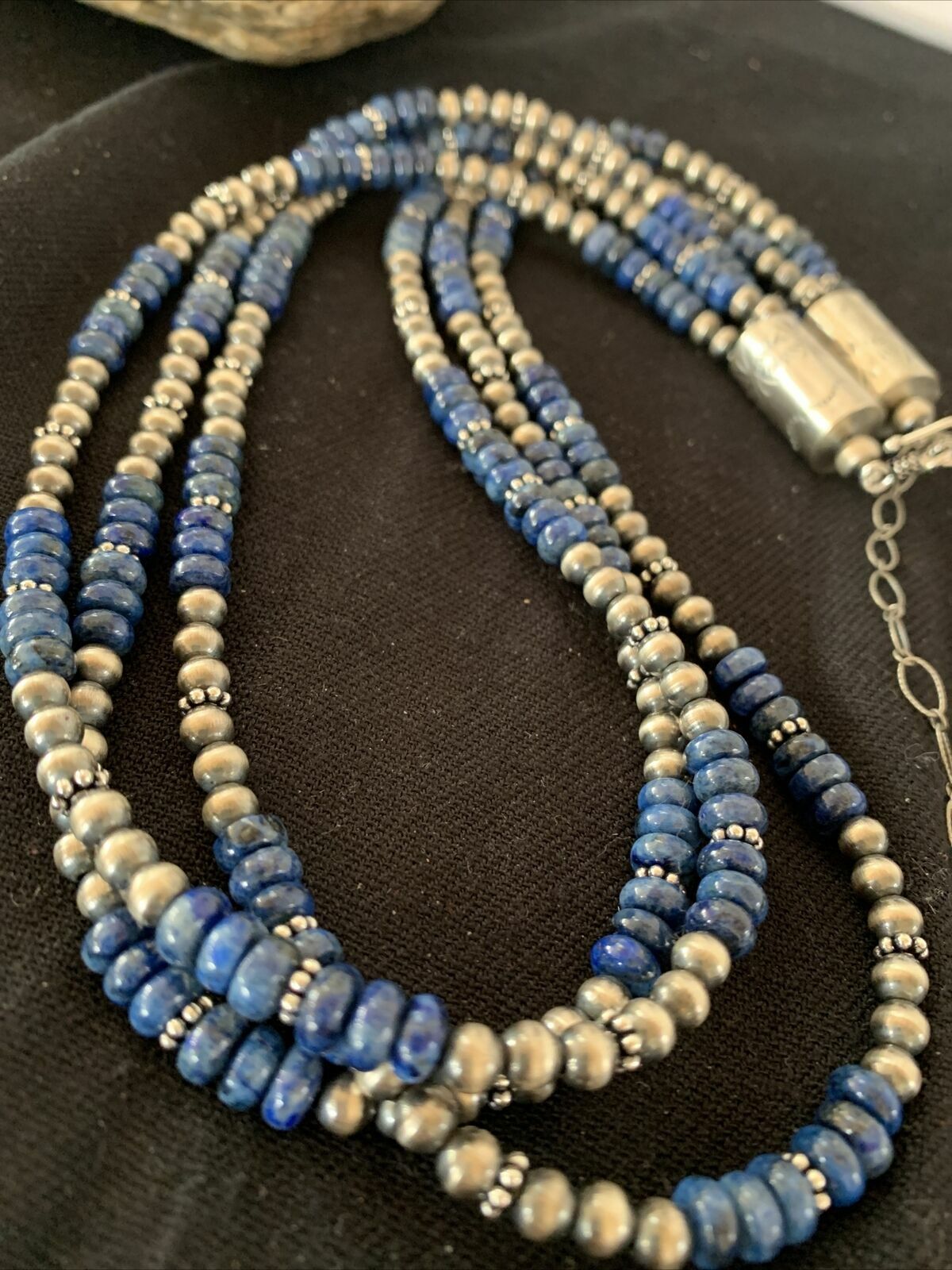 Native Navajo Pearls Denim Lapis 3 Strand Sterling Silver 21” Necklace 00929