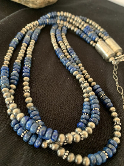 Native Navajo Pearls Denim Lapis 3 Strand Sterling Silver 21” Necklace 00929