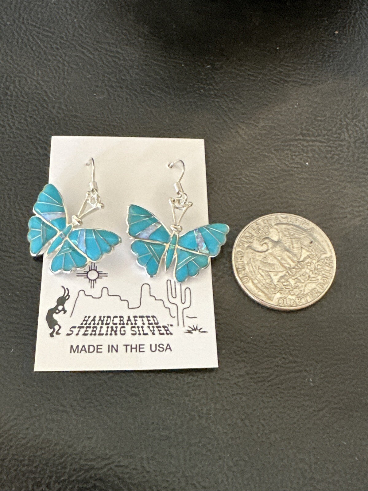 Butterfly Blue Turquoise Opal Inlay Sterling Silver Dangle Earrings 19137