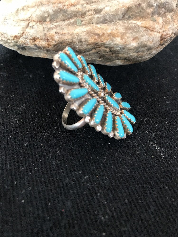 Blue Turquoise Southwestern Sterling Silver Cluster Ring Size 7.5 03471