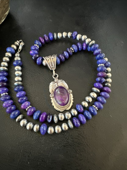 Purple Stone Pendant Navajo Pearls Sterling Silver Necklace 21” 18034