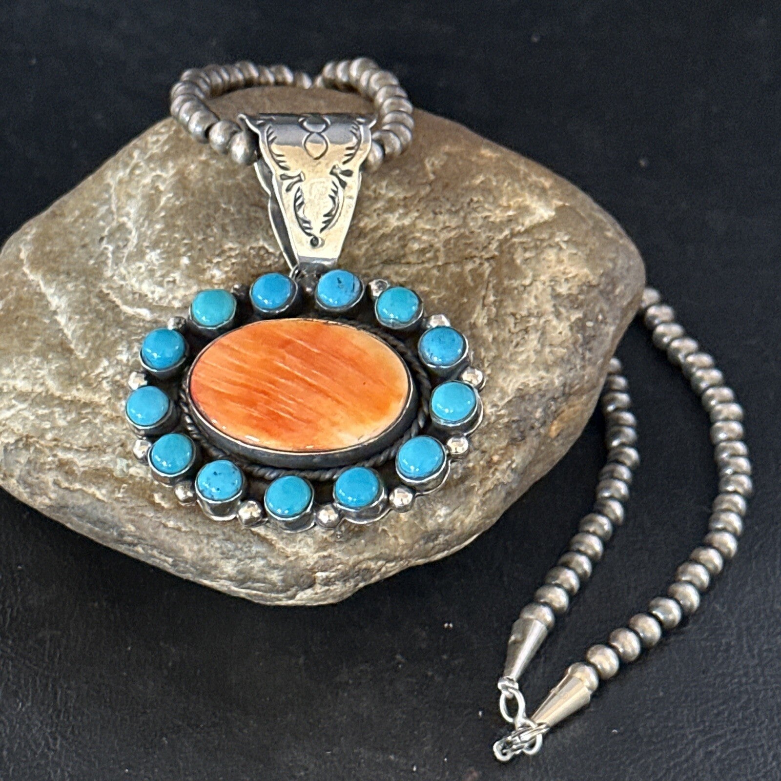 Blue Cluster Kingman Turquoise Sterling Orange Spiny Oyster Pendant 14353