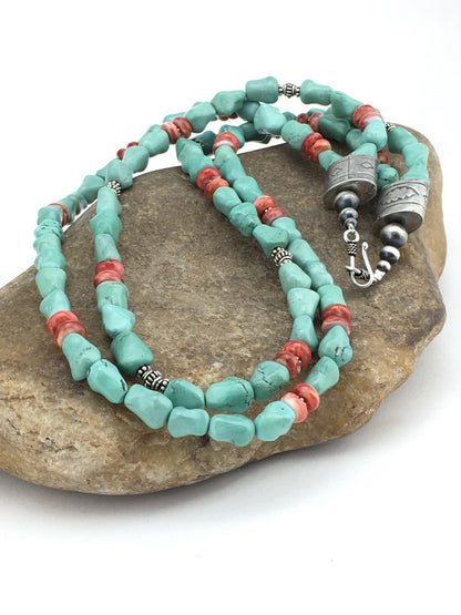 Native Turquoise Spiny Sterling Silver Nugget Bead 2 Strands Necklace 22" 01352