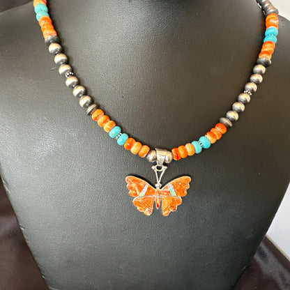 Butterfly Orange Spiny Turquoise Opal Sterling Silver  Necklace Pendant 18677