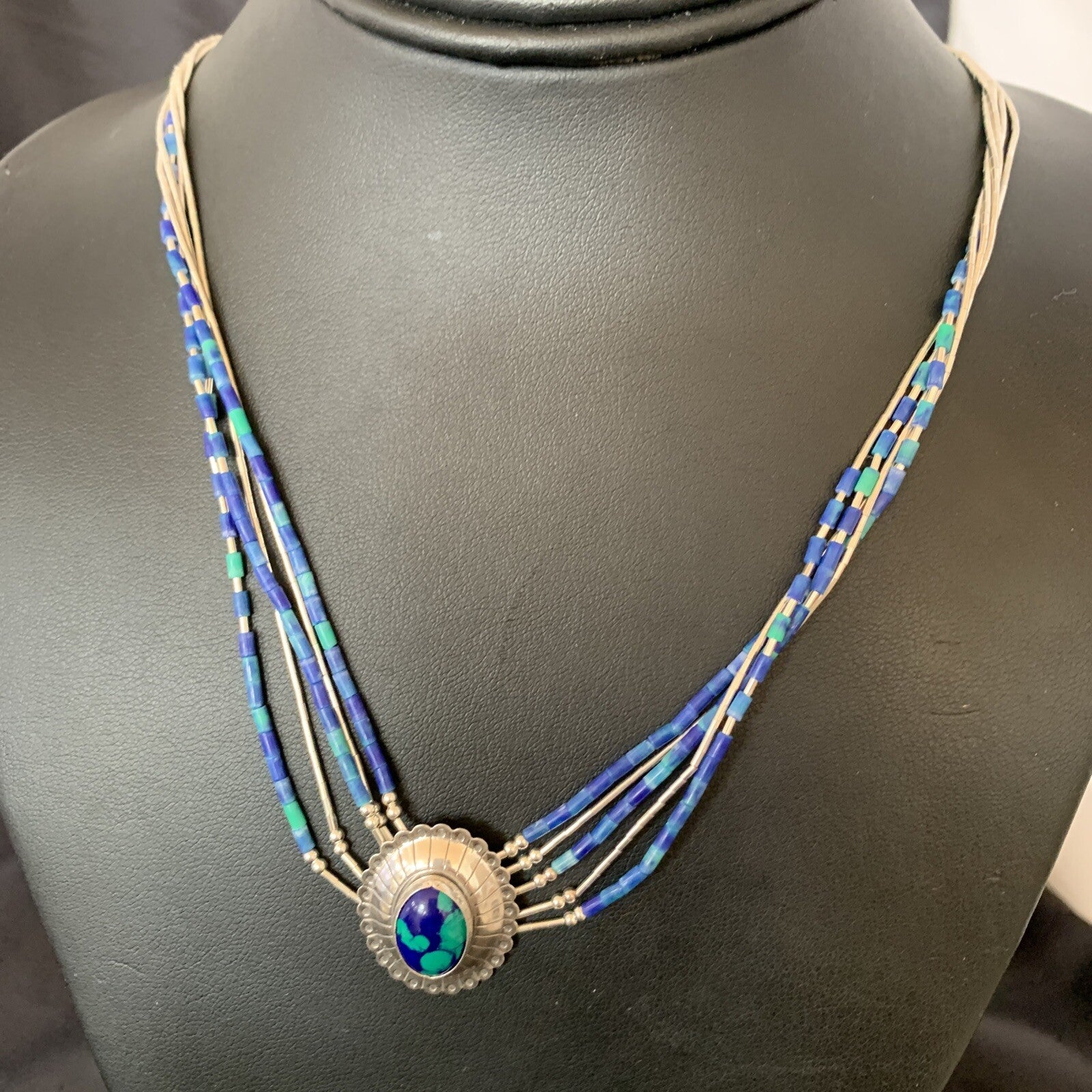 Blue Azurite Pendant Stabilized Heishi 5 Stands Sterling Silver Necklace 10353
